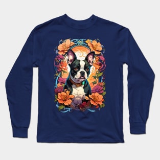 Cute French Bulldog puppy retro vintage floral design Long Sleeve T-Shirt